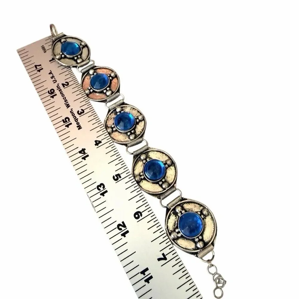 Vintage Tibetan Style Blue Art Glass Link Bracelet